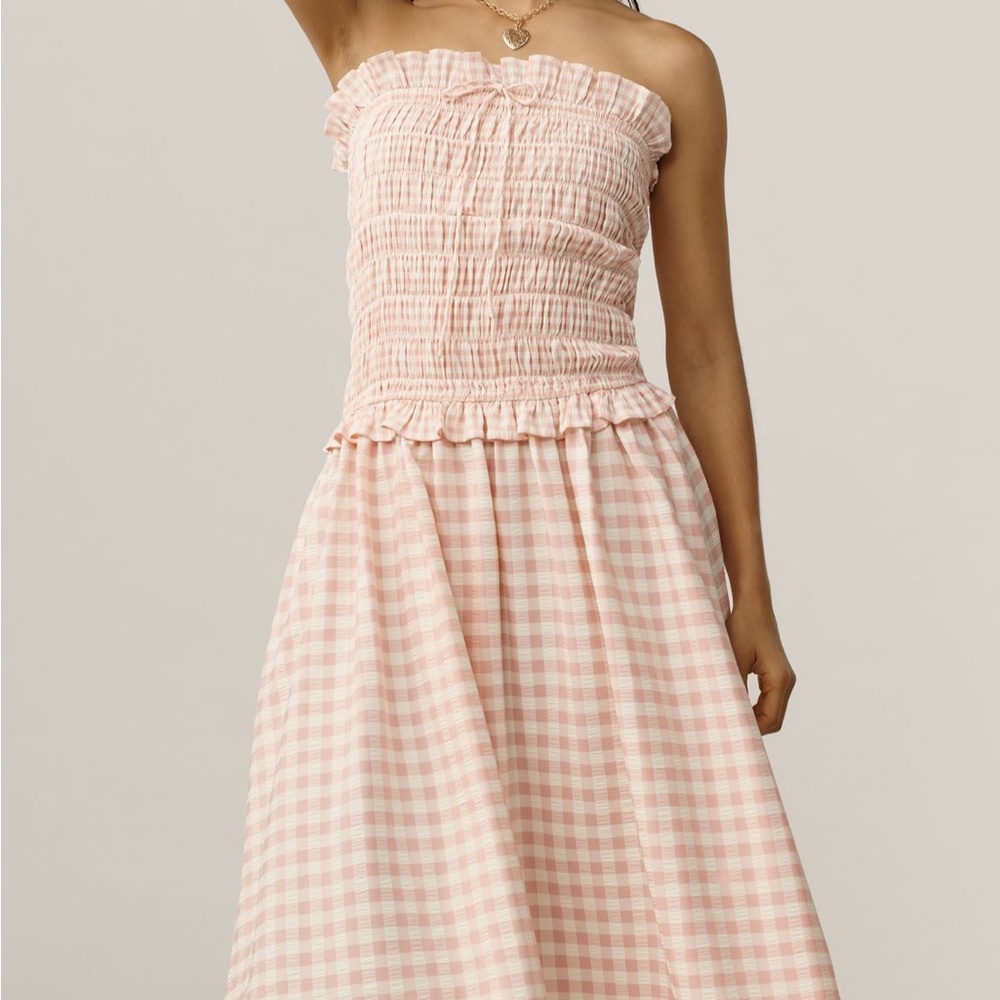 Anthropologie For Love And Lemons Peach Gingham Petal Smocked Midi Dress NWT M - Picture 3 of 10